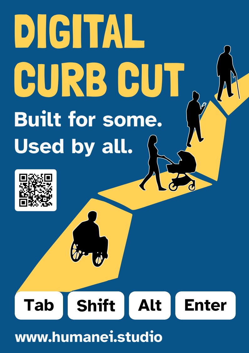 Digital Curb Cut poster. Dark blue background with a large yellow title at the top left and a white subtitle beneath it. A yellow path rises diagonally from a row of white keyboard keys (Tab, Shift, Alt, Enter) at the bottom up to the top right, acting as a ramp. Faceless black silhouettes with thin white outlines walk up the ramp, getting smaller as they climb: a wheelchair user, a person with a cane, a person on a phone and a person with a pram. A QR code on a white square and the website address sit at the bottom.